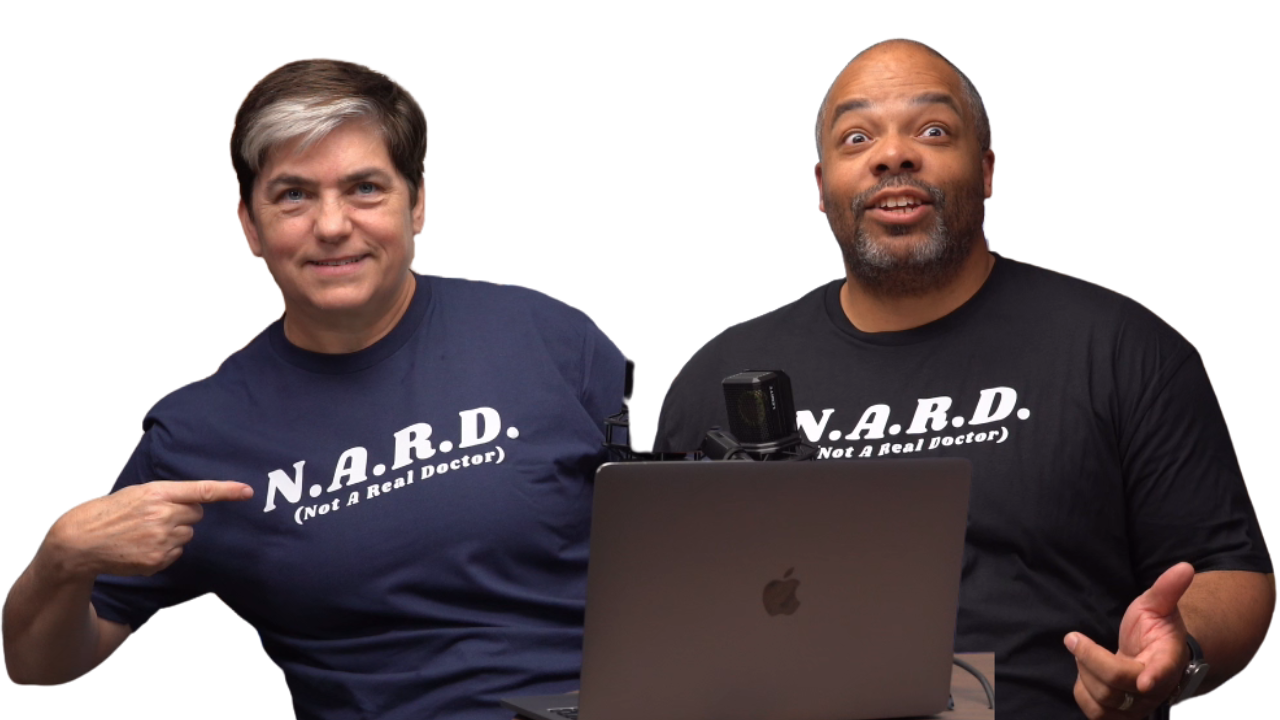 The hosts of The PTCH Podcast in their N.A.R.D. (Not A Real Doctor) shirts